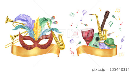 Music instrument, carnival attributes and golden banner for text. Percussion, wind and string instruments, masks with feathers and Fat Tuesday accessories for Mardi gras invitation cards 135448314