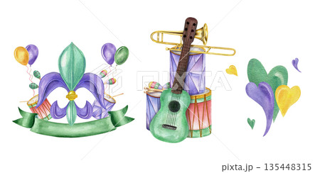 Watercolor musical instruments, fleur de lis symbol with balloons, hearts set isolated illustration. Carnival emblem, accessories for New Orleans parade invitation, Mardi Gras greeting card 135448315