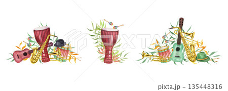 Watercolor carnival musical instruments among abstract green orange leaves clip art illustration on isolated background. Guitar, saxophone, djembe drum, maraca. Brazilian, Mardi Gras composition 135448316