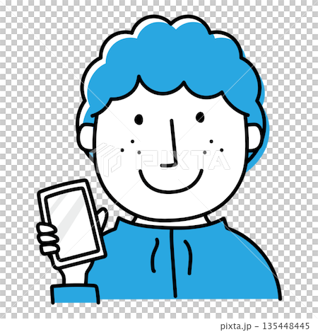 携帯電話をみせる天然パーマの男性 135448445