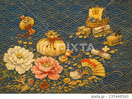 青海波の背景に牡丹の花と宝尽くし 135448563