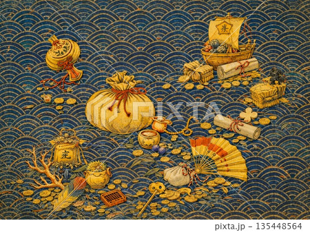 青海波の背景に宝尽くし 135448564