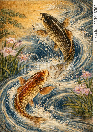 勢い良く泳ぐ鯉 135448566