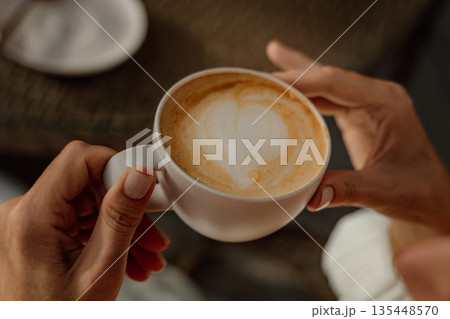 Coffee Latte Heart Art Hands Closeup 135448570