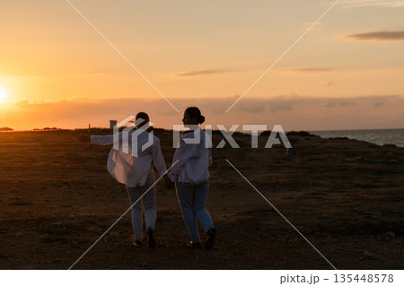 Couple Sunset Beach Walking - Silhouette of a couple walking on a beach at sunset. 135448578