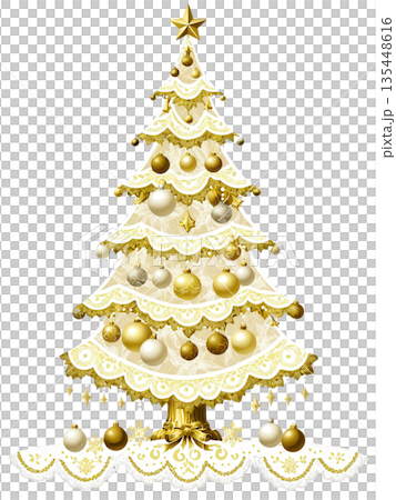 Vintage Gold Christmas Tree, draped in antique lace and adorned with vintage ornaments, transparent background. Vintage Gold Christmas Tree, draped in antique lace and adorned with vintage ornaments, transparent background. 135448616