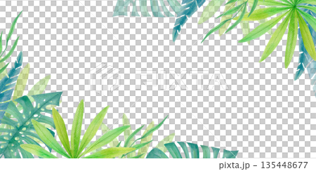 Watercolor tropical corner border with green jungle leaves isolated on white. Botanical illustration clipart with exotic foliage.  135448677