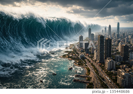 街を襲う巨大津波のイメージ AI生成画像 街を襲う巨大津波のイメージ AI生成画像 135448686