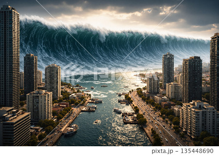 街を襲う巨大津波のイメージ　AI生成画像 135448690