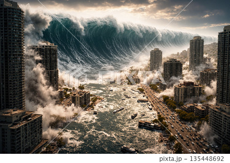 街を襲う巨大津波のイメージ　AI生成画像 135448692