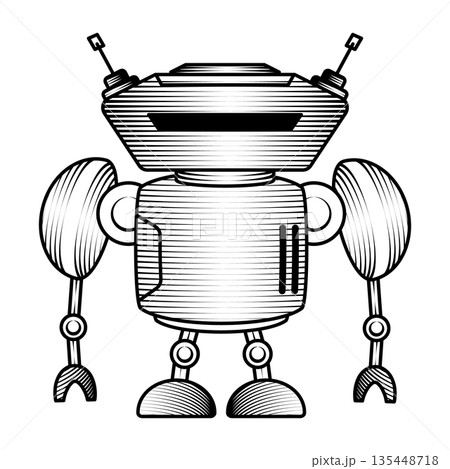 hand drawn engraving style robot illustration vintage retro sci fi character artificial intelligence machine mascot toy funny cyborg design 135448718