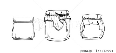 Glass jars with jam, honey or preserves clip art outline vector isolated illustration. Etching drawing of healthy conservation. Hand drawn natural products in glass covered with craft textile 135448994