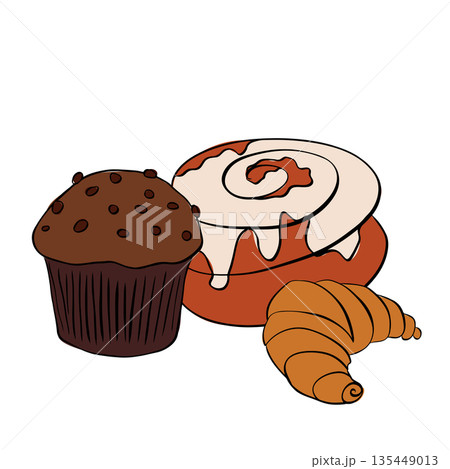 Bakery stickers in retro cartoon style. Muffin, cinnabon, croissant Freshly baked collection doodle illustration composition hand drawn illustration. Vector graphic line ink colored art. 135449013