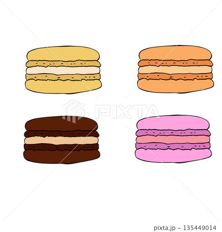 Macarons, Macaron Drawn Vector Image, Decorative Macaron Vector Image, Colorful Macaron Clip Art. composition hand drawn illustration. Vector graphic line ink colored art. 135449014