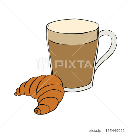 A coffee cup with a croissant and coffee beans on a white surface in a close up shot illustration composition hand drawn illustration. Vector graphic line ink colored art. A coffee cup with a croissant and coffee beans on a white surface in a close up shot illustration composition hand drawn illustration. Vector graphic line ink colored art. 135449021