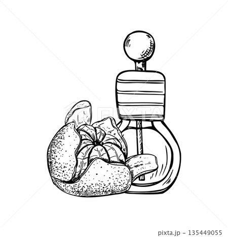 Mandarin orange, and essential oil glass bottle line art black ink composition. Hand drawn peeled tangerine fruit and dropper bottle with aromatic oil, serum or perfume illustration 135449055