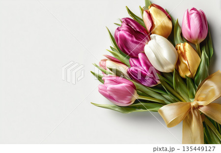 Colorful tulip bouquet arranged with a ribbon on a plain background 135449127