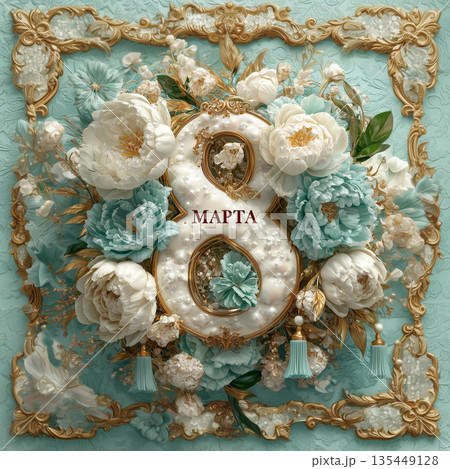 March 8 decoration with flowers and number eight in a frame on a light blue background March 8 decoration with flowers and number eight in a frame on a light blue background 135449128