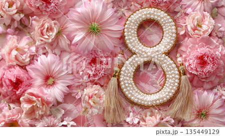 Decorative number eight surrounded by pink flowers for a celebration or event Decorative number eight surrounded by pink flowers for a celebration or event 135449129