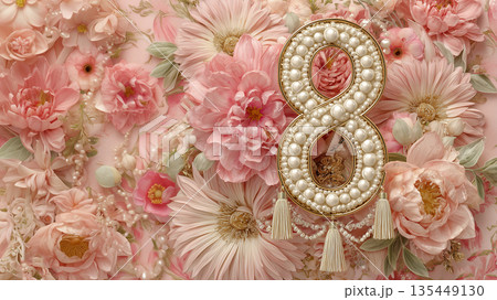 Lovely decoration of flowers and number eight for a birthday celebration in a bright setting during the day 135449130