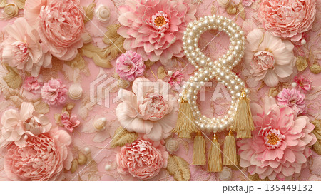 Decorative arrangement of number eight with pearls and flowers for celebration 135449132