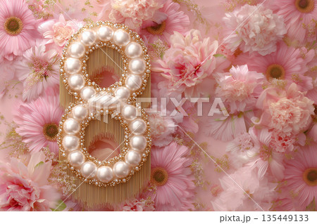 Decorative arrangement of number eight with pearls and flowers for celebration in a pink setting 135449133