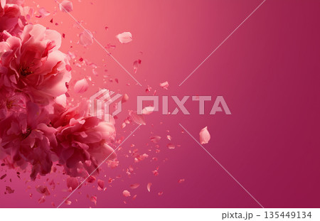 Flowers scatter in front of a pink background during a creative design session in a studio setting 135449134