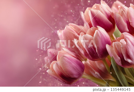 Pink tulips in a soft background showing details of flower petals and sparkles in spring season near a sunny window Pink tulips in a soft background showing details of flower petals and sparkles in spring season near a sunny window 135449145