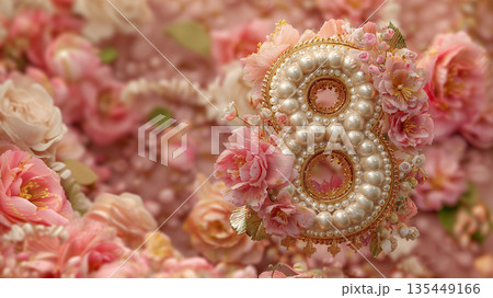Celebration of a special occasion with decorative number eight surrounded by flowers and beads 135449166