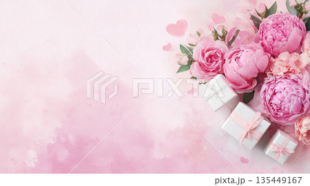 Colorful flowers and gifts are arranged on a light pink background for a special event or celebration in spring or summer 135449167