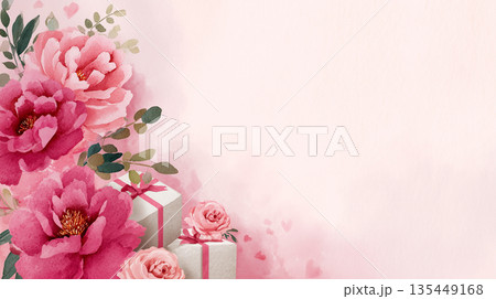 Flowers and gifts for celebrations with a soft background designed for special occasions like birthdays or anniversaries Flowers and gifts for celebrations with a soft background designed for special occasions like birthdays or anniversaries 135449168