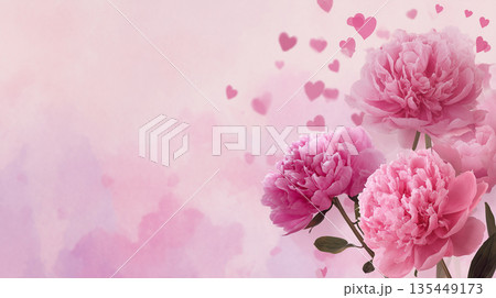 Pink peonies with hearts on a soft background showing flowers and decoration for a celebration or event in spring 135449173