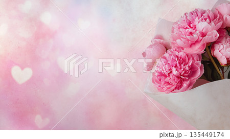 Bouquet of pink peonies displayed on a soft background with heart shapes during a festive season 135449174