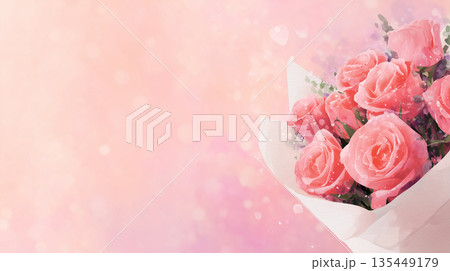 Bouquet of pink roses wrapped in paper with a soft background and a warm color effect Bouquet of pink roses wrapped in paper with a soft background and a warm color effect 135449179