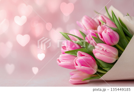 Pink tulips wrapped in white paper with hearts in the blurry background during a celebration of love Pink tulips wrapped in white paper with hearts in the blurry background during a celebration of love 135449185