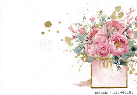 Bright pink flowers in a box on a white background with gold accents and soft splashes of color, arranged for decoration 135449193