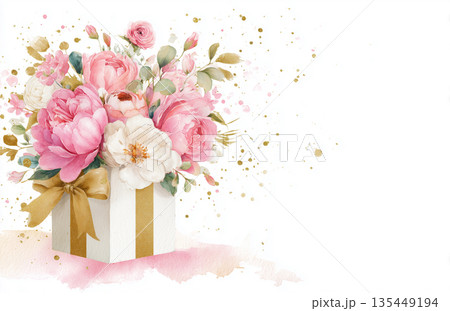Bright flower arrangement in a gift box with pink and white blooms, set against a simple background Bright flower arrangement in a gift box with pink and white blooms, set against a simple background 135449194
