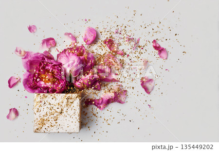 Pink flowers and gold dust scattered over a white surface creating a vibrant display 135449202
