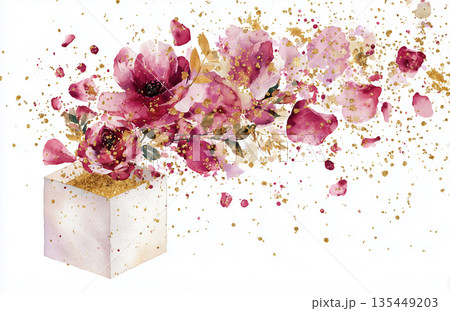Bright flowers burst from a cube with golden accents in a colorful design on a white background Bright flowers burst from a cube with golden accents in a colorful design on a white background 135449203