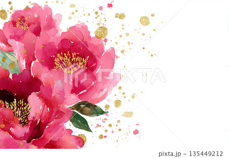 Bright pink flowers with golden accents on a white background create a vibrant artwork in spring season Bright pink flowers with golden accents on a white background create a vibrant artwork in spring season 135449212