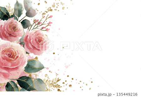 Roses and greenery create a colorful display with splashes of paint on a white background Roses and greenery create a colorful display with splashes of paint on a white background 135449216
