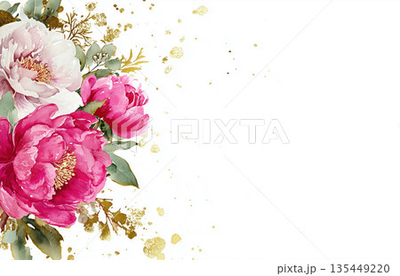 Bright peonies and greenery arranged with gold accents on a plain background for decorative use Bright peonies and greenery arranged with gold accents on a plain background for decorative use 135449220