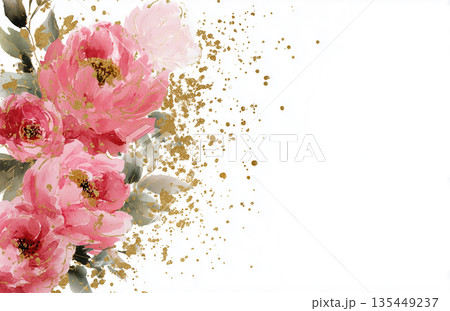 Flowers with pink petals and gold accents on a white background create a decorative design for craft projects and stationery 135449237