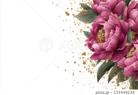 Bright pink peonies with gold splashes on a white background for decoration or design Bright pink peonies with gold splashes on a white background for decoration or design 135449238
