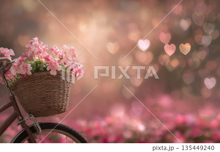 Bicycle with basket of flowers in a garden filled with heart-shaped lights during spring time Bicycle with basket of flowers in a garden filled with heart-shaped lights during spring time 135449240