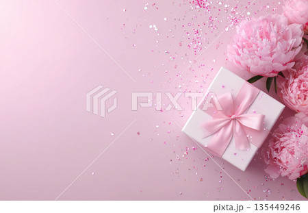 Gift box with pink ribbon and peonies on pink background with glitter and confetti scattered around 135449246