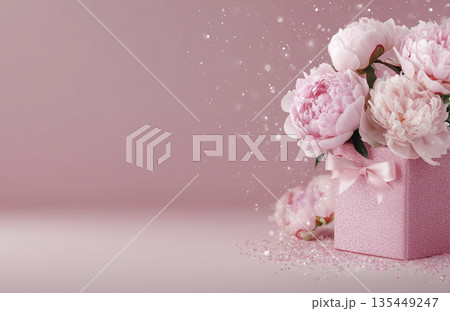 Flowers in a pink box with soft sparkles displayed on a simple pink background during the day 135449247