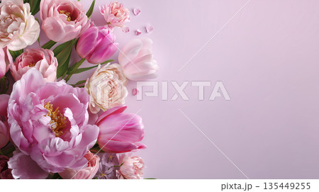 Colorful flowers in various shapes and sizes arranged on a light pink background during daylight hours Colorful flowers in various shapes and sizes arranged on a light pink background during daylight hours 135449255