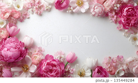 Colorful flowers surround a blank space and create an inviting frame for a special message or design used in spring or summer settings Colorful flowers surround a blank space and create an inviting frame for a special message or design used in spring or summer settings 135449284