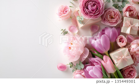 Flowers and gift boxes arranged on a light background for a special occasion celebration or event Flowers and gift boxes arranged on a light background for a special occasion celebration or event 135449301